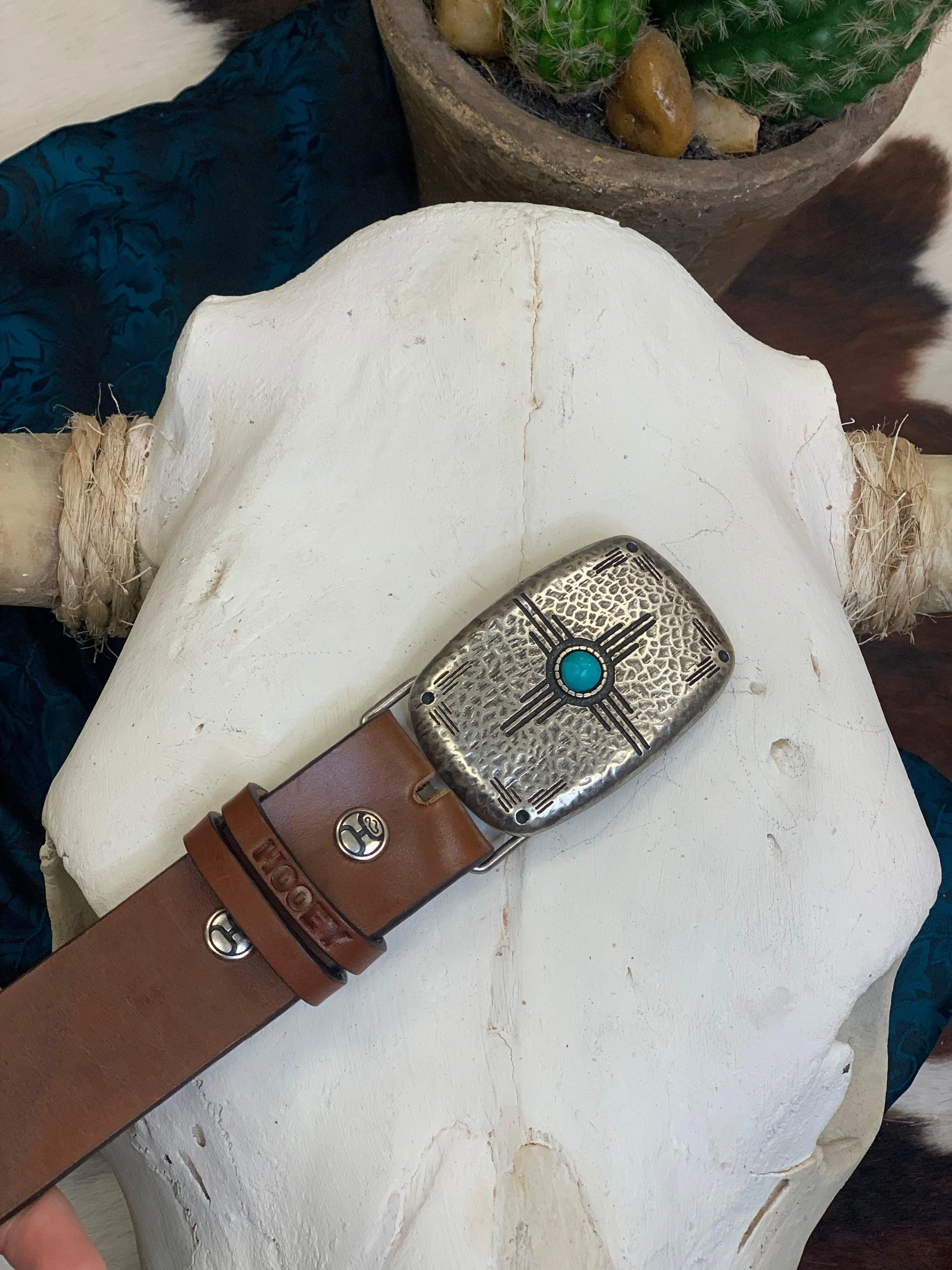 Hooey 'Dakota' Brown Turquoise Aztec Embossed Faux Turquoise Buckle Leather Belt HWBLT010