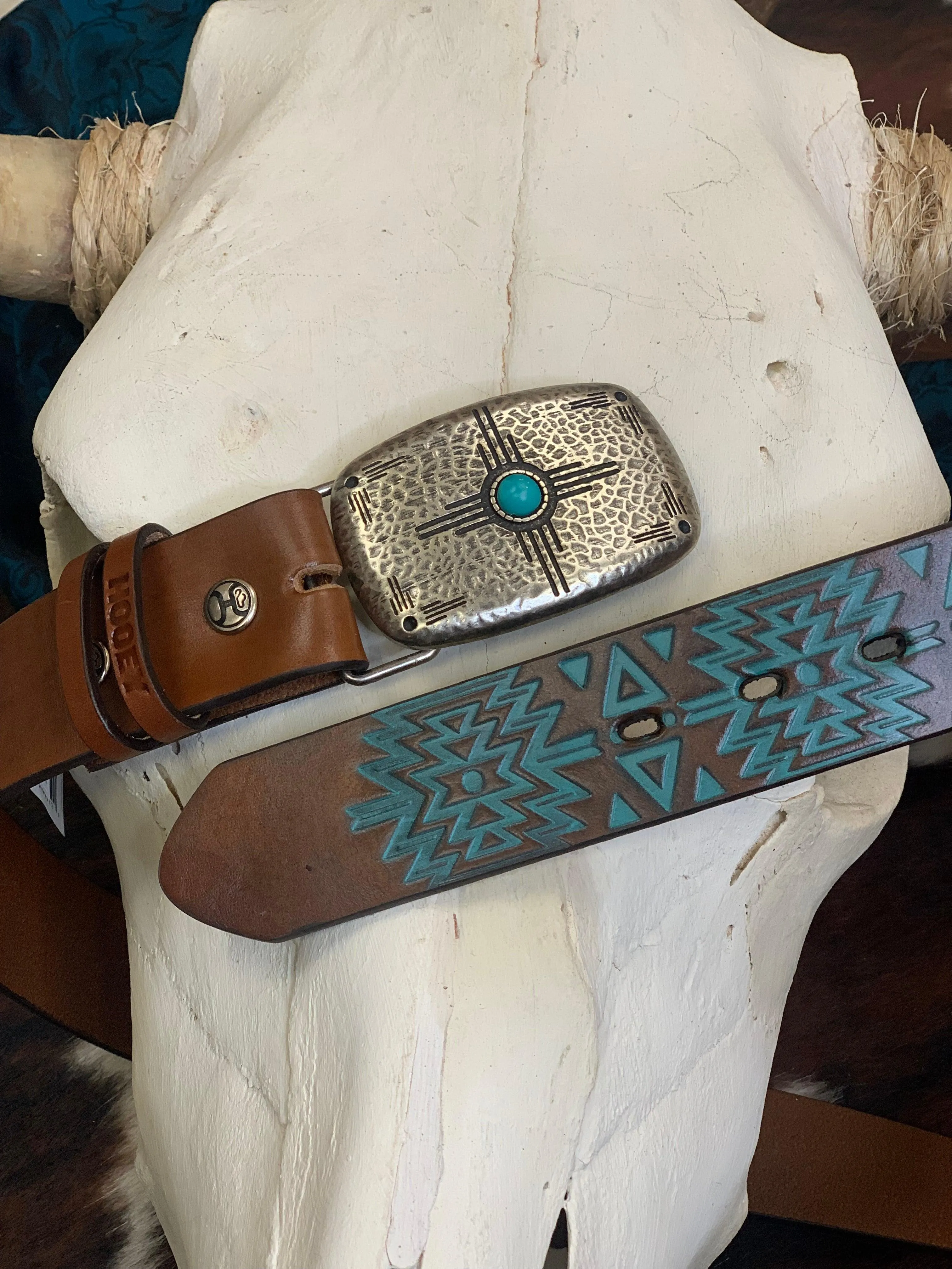 Hooey 'Dakota' Brown Turquoise Aztec Embossed Faux Turquoise Buckle Leather Belt HWBLT010