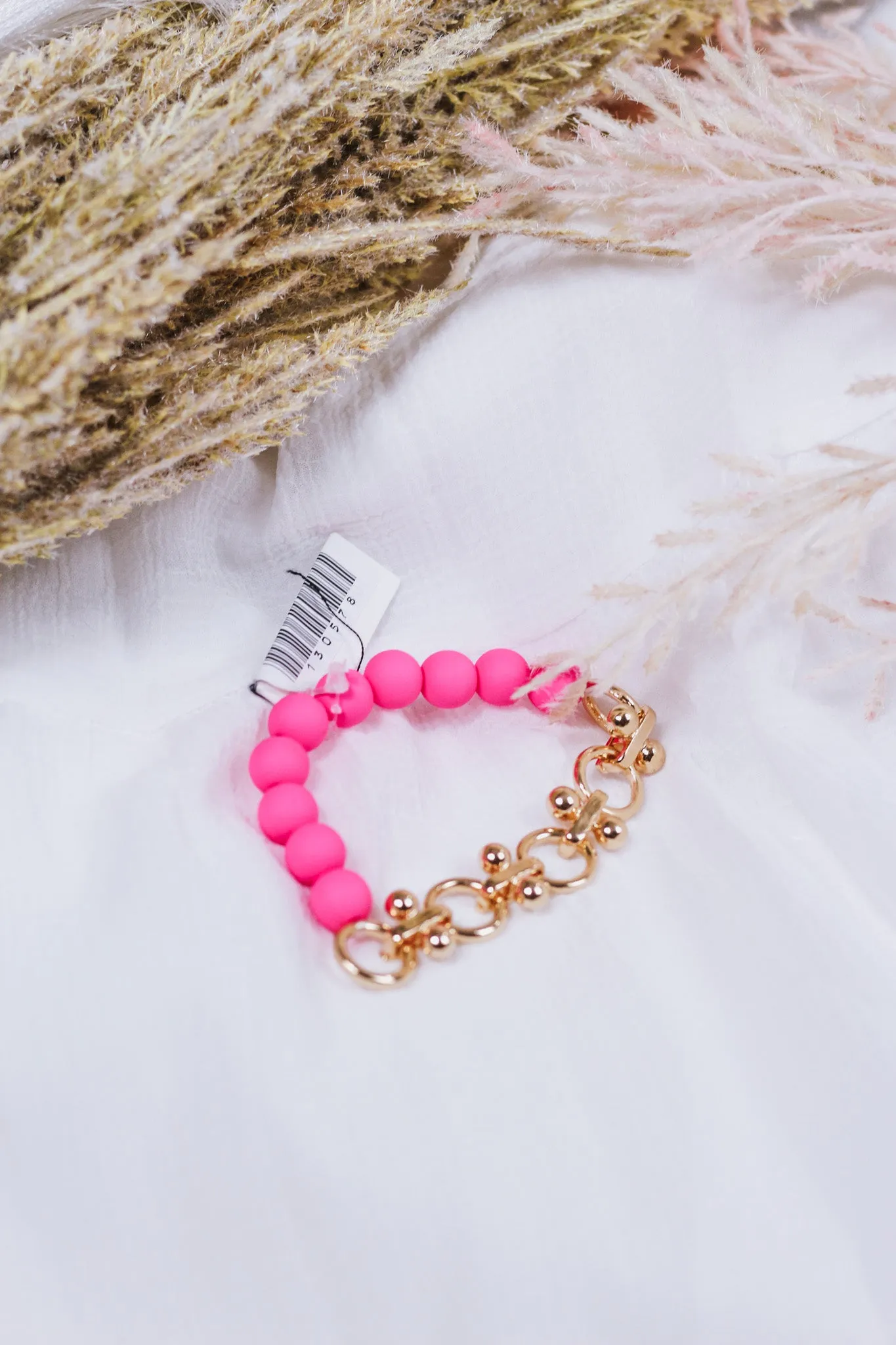 Hot Pink Color Coated Bead with Gold Chain Stretch Bracelet