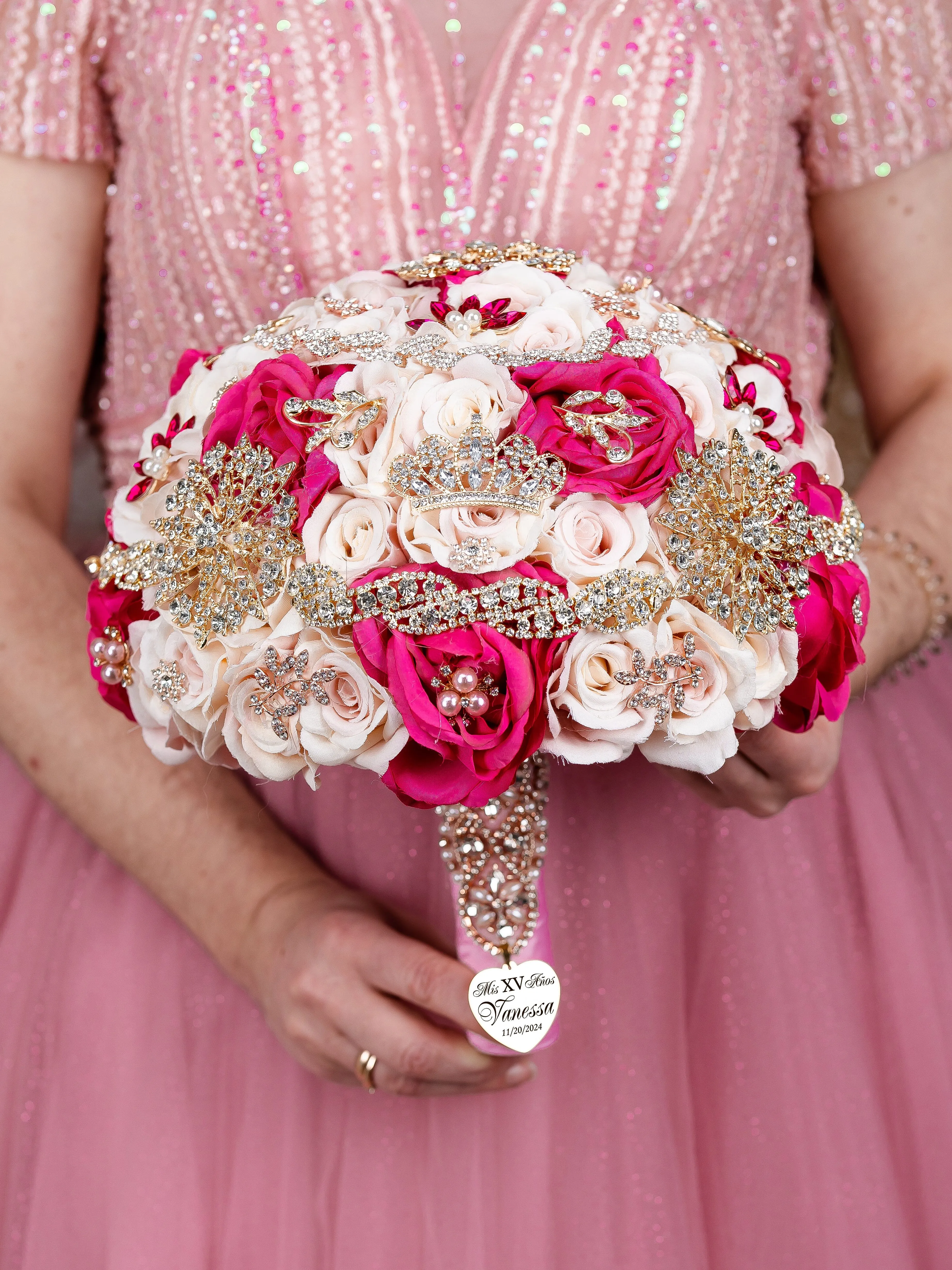 Ivory Fuchsia quinceanera bouquet 9 inches