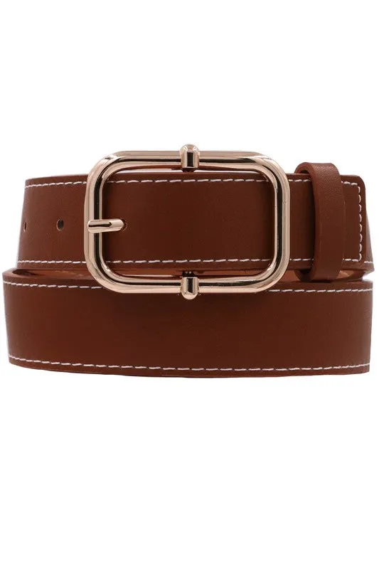 Jane Contrast Stitched Knob Bar Buckle Belt Cognac