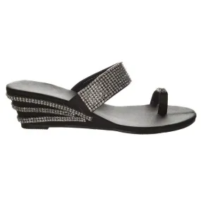 Jasmine Low Wedge Diamante Mule Sandal with Toe Ring