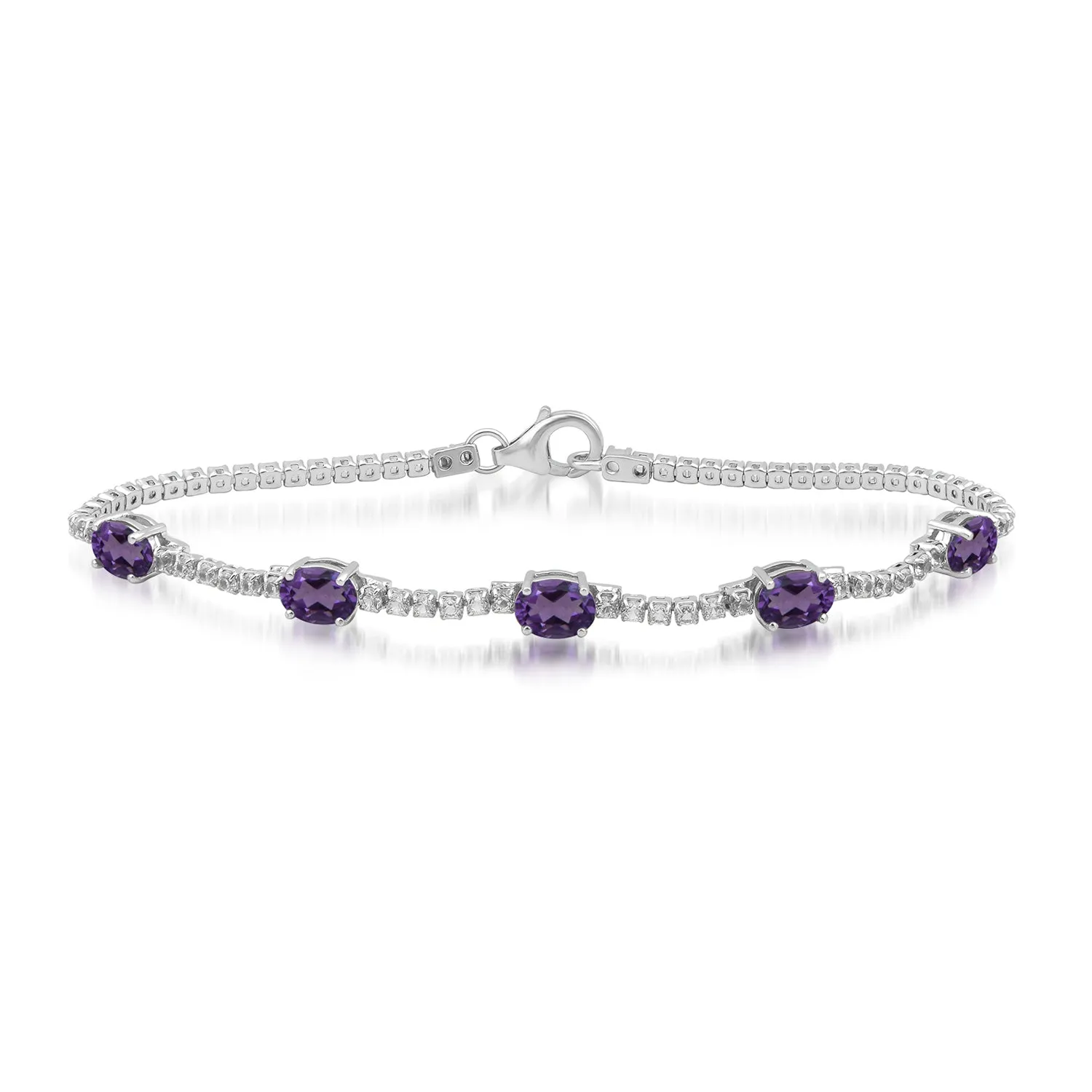 Jewelili Sterling Silver 7x5mm Oval Created Amethyst and Round Created White Sapphire Bracelet, 7.5 inch