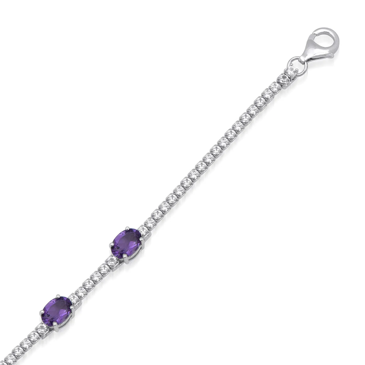 Jewelili Sterling Silver 7x5mm Oval Created Amethyst and Round Created White Sapphire Bracelet, 7.5 inch