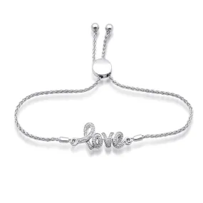 Jewelili Sterling Silver with 1/10 CTTW Round Shape Natural White Diamonds Love Bolo Bracelet, 9.5"