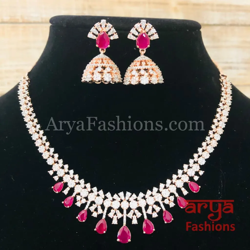 Kavina Rose Gold Ruby CZ Necklace with Jhumka Earrings