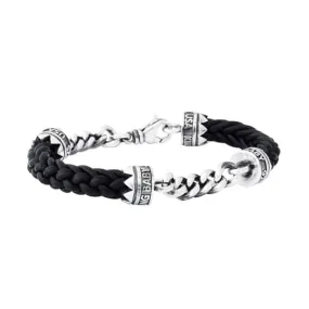 King Baby Double Silver Chain and Leather Lanyard Bracelet in Sterling Silver and Black Leather