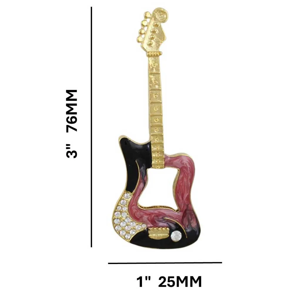 Large Pink and Black Enamel and Crystal Guitar Brooch Pin - PRM901