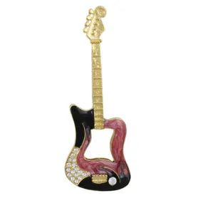 Large Pink and Black Enamel and Crystal Guitar Brooch Pin - PRM901