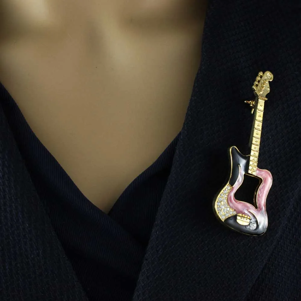 Large Pink and Black Enamel and Crystal Guitar Brooch Pin - PRM901