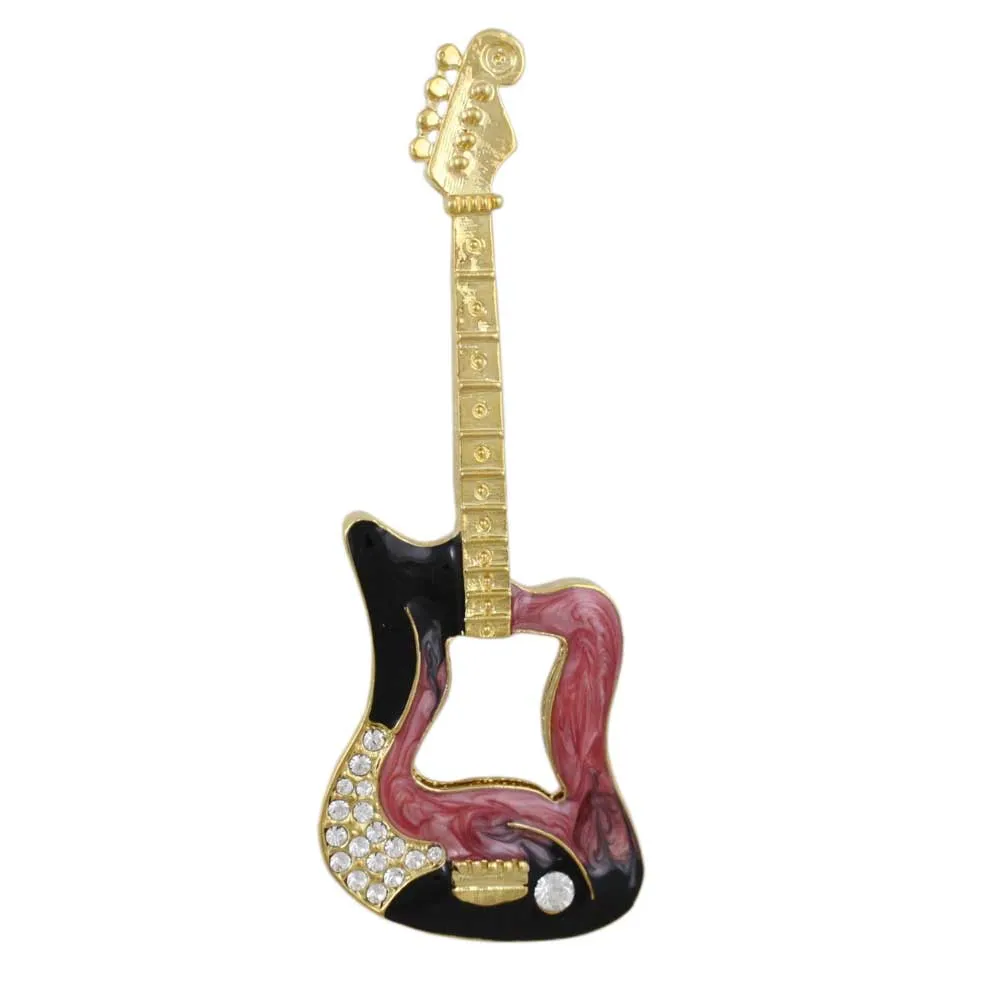 Large Pink and Black Enamel and Crystal Guitar Brooch Pin - PRM901