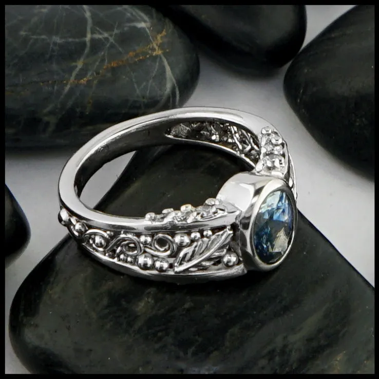 Leaf and Vine Ring with Montana Sapphire