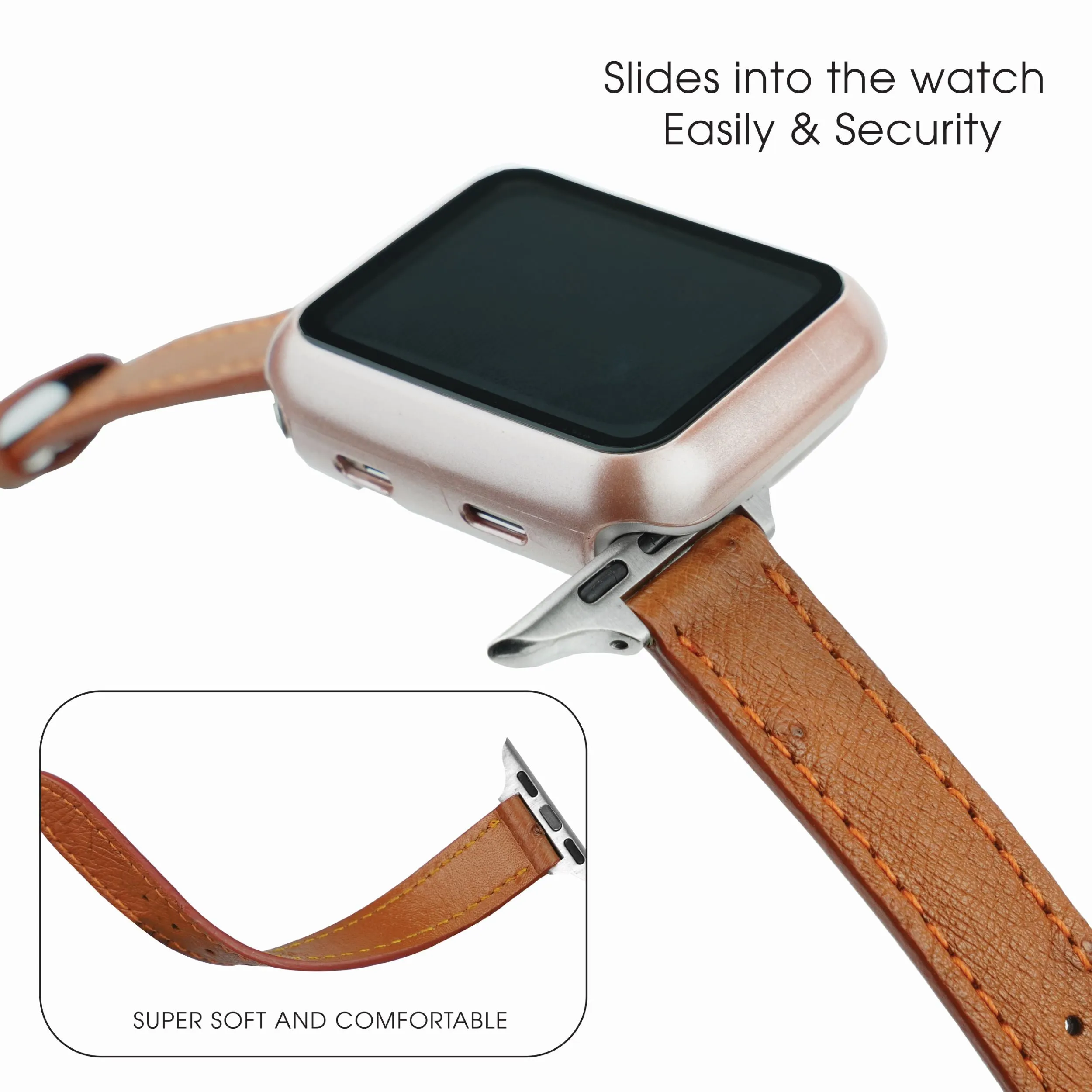 Light Brown Flat Ostrich Leather Band Compatible Apple Watch Iwatch 42mm Screen Protector Case Silver Adapter Replacement Strap For Smartwatch Series 1 2 3 Leather Handmade AW-186S-W-42MM