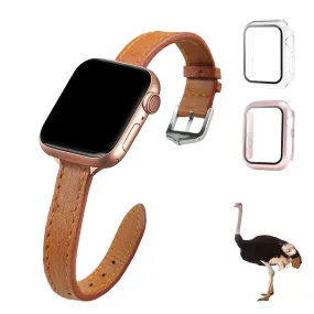 Light Brown Flat Ostrich Leather Band Compatible Apple Watch Iwatch 42mm Screen Protector Case Silver Adapter Replacement Strap For Smartwatch Series 1 2 3 Leather Handmade AW-186S-W-42MM