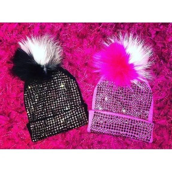 Maniere Studded Beanie With Fur Pom-Pom