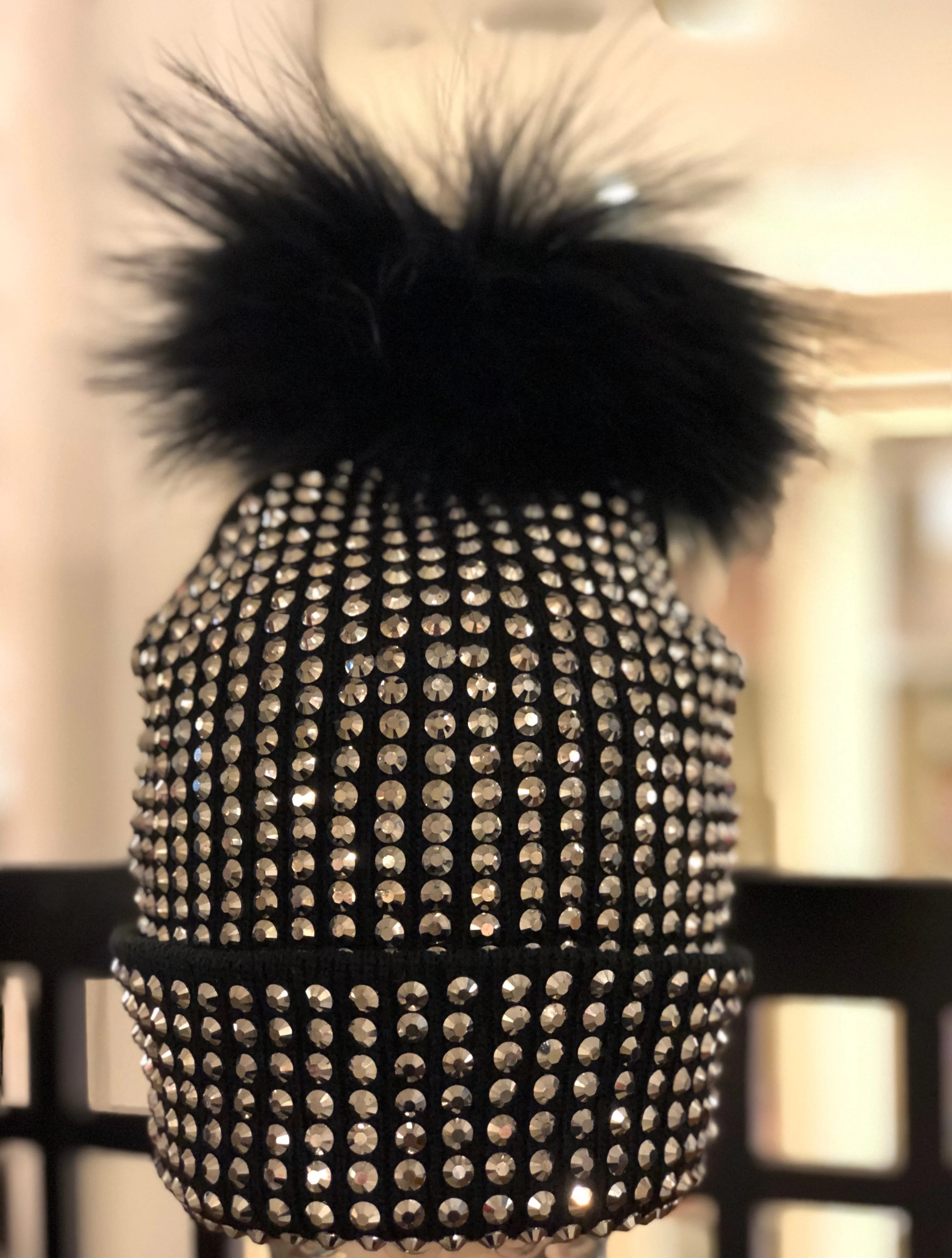 Maniere Studded Beanie With Fur Pom-Pom