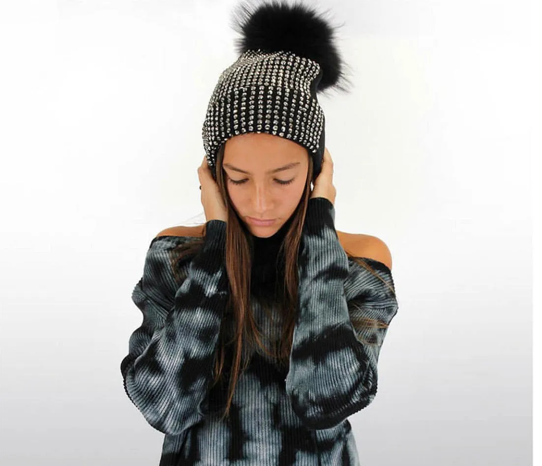 Maniere Studded Beanie With Fur Pom-Pom