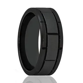 Men's Multiple Grooved Black Tungsten Carbide Ring With Brushed Center 8mm