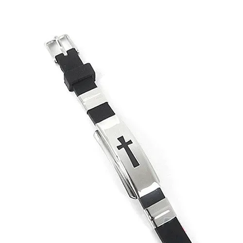 Men's Stainless Steel Bracelet Rubber Cross Black Bangle for Gift