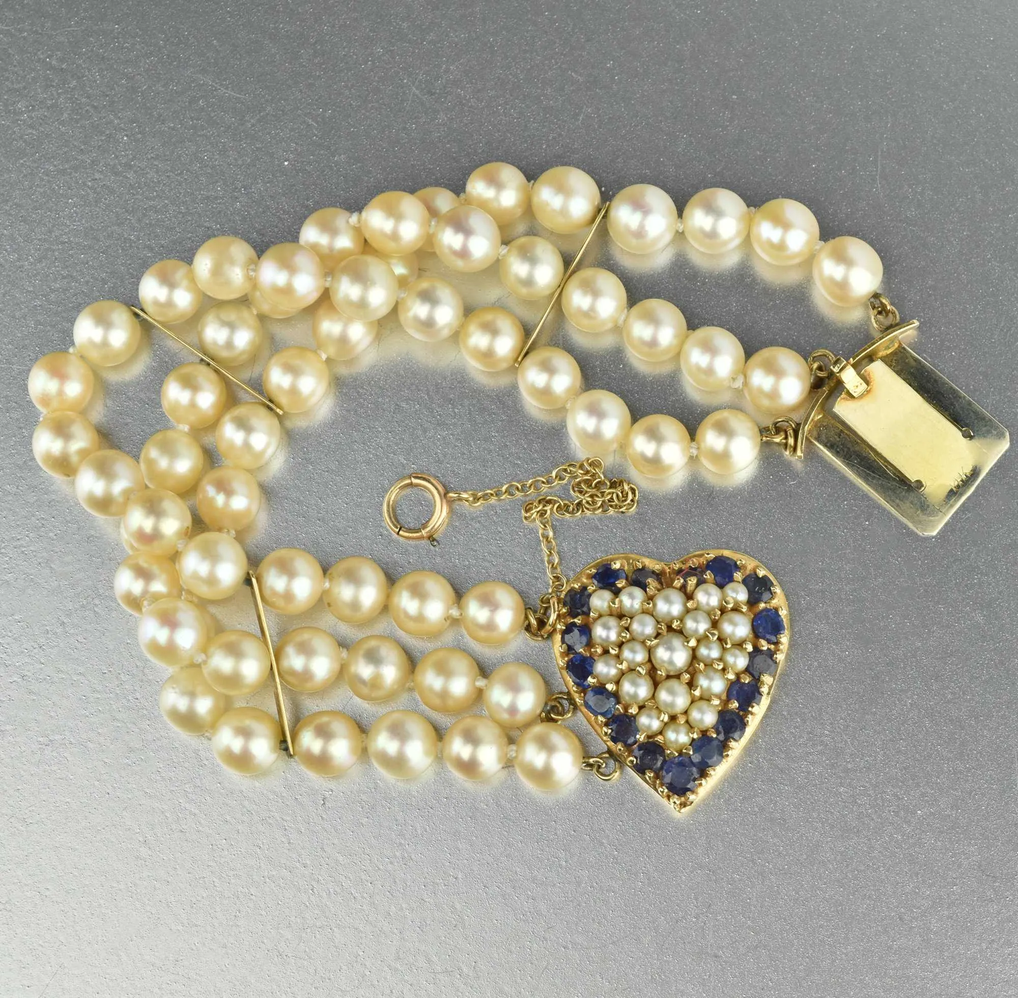 Mid Century Sapphire & Pearl 14K Gold Heart Bracelet