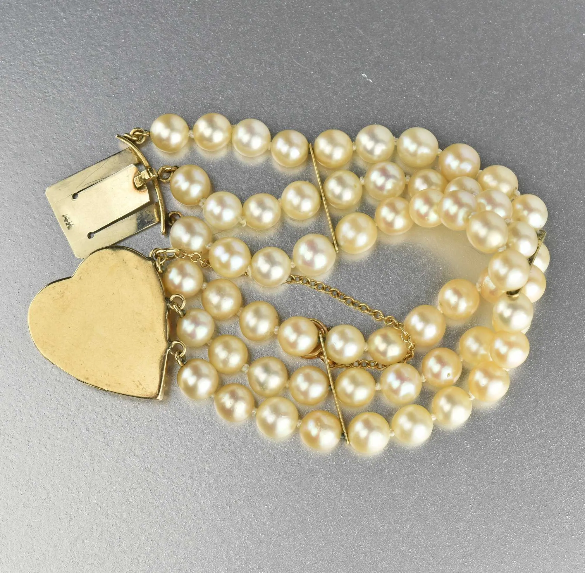 Mid Century Sapphire & Pearl 14K Gold Heart Bracelet