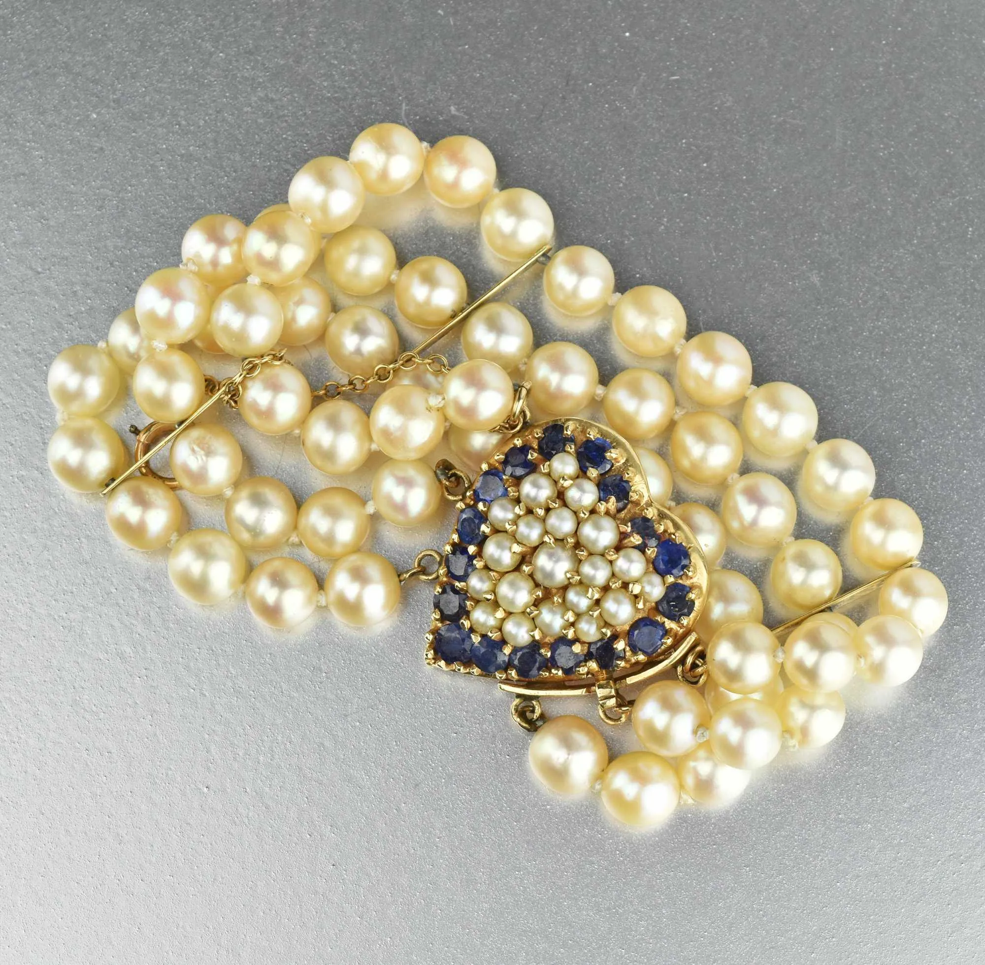 Mid Century Sapphire & Pearl 14K Gold Heart Bracelet