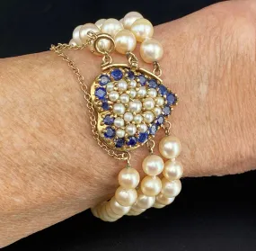 Mid Century Sapphire & Pearl 14K Gold Heart Bracelet