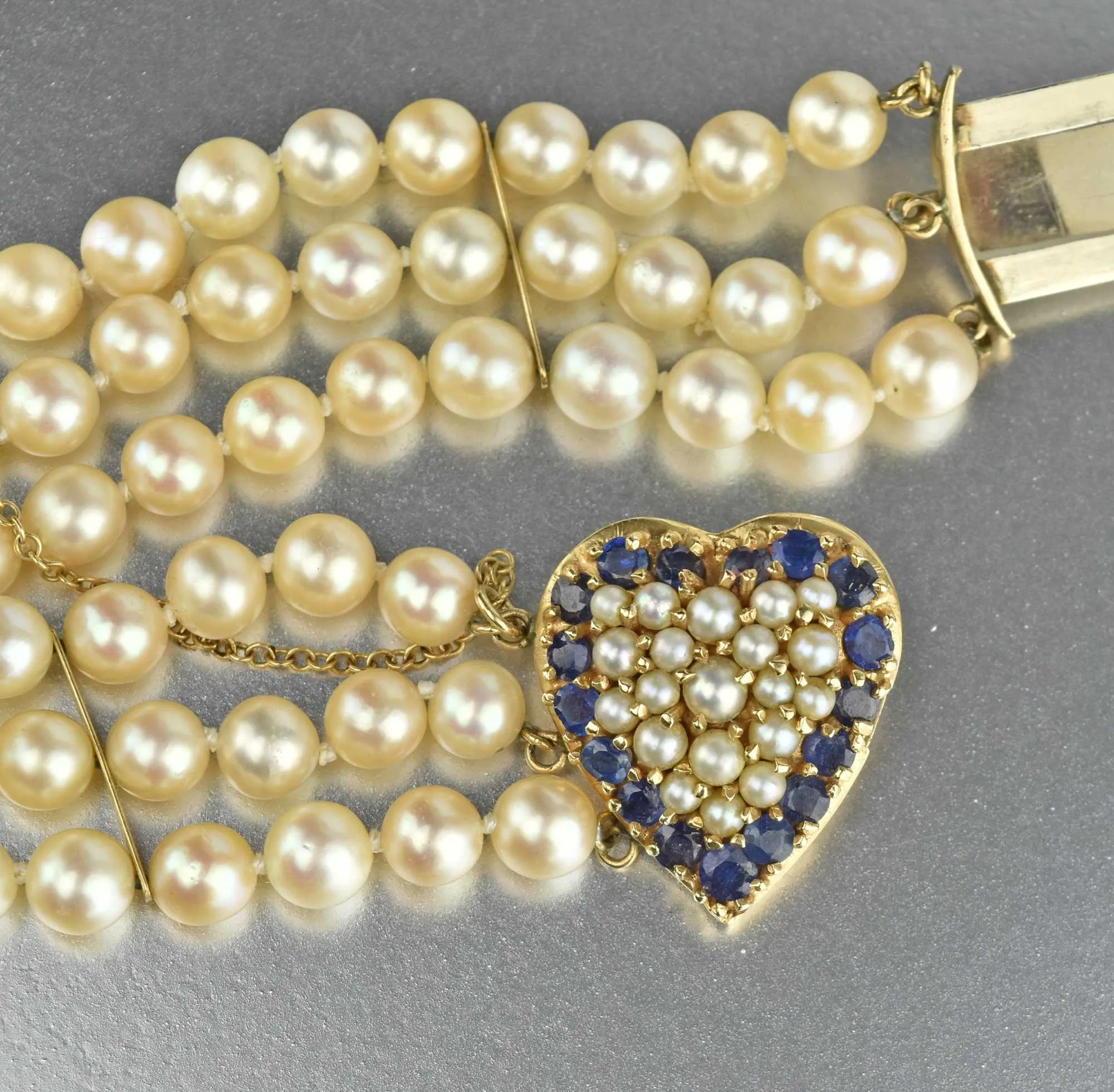 Mid Century Sapphire & Pearl 14K Gold Heart Bracelet