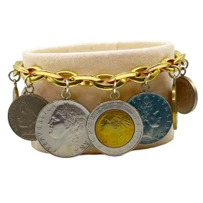 Milor Italy Sterling Gold Vermeil Coin Charm Bracelet Genuine Lire Coin Italian