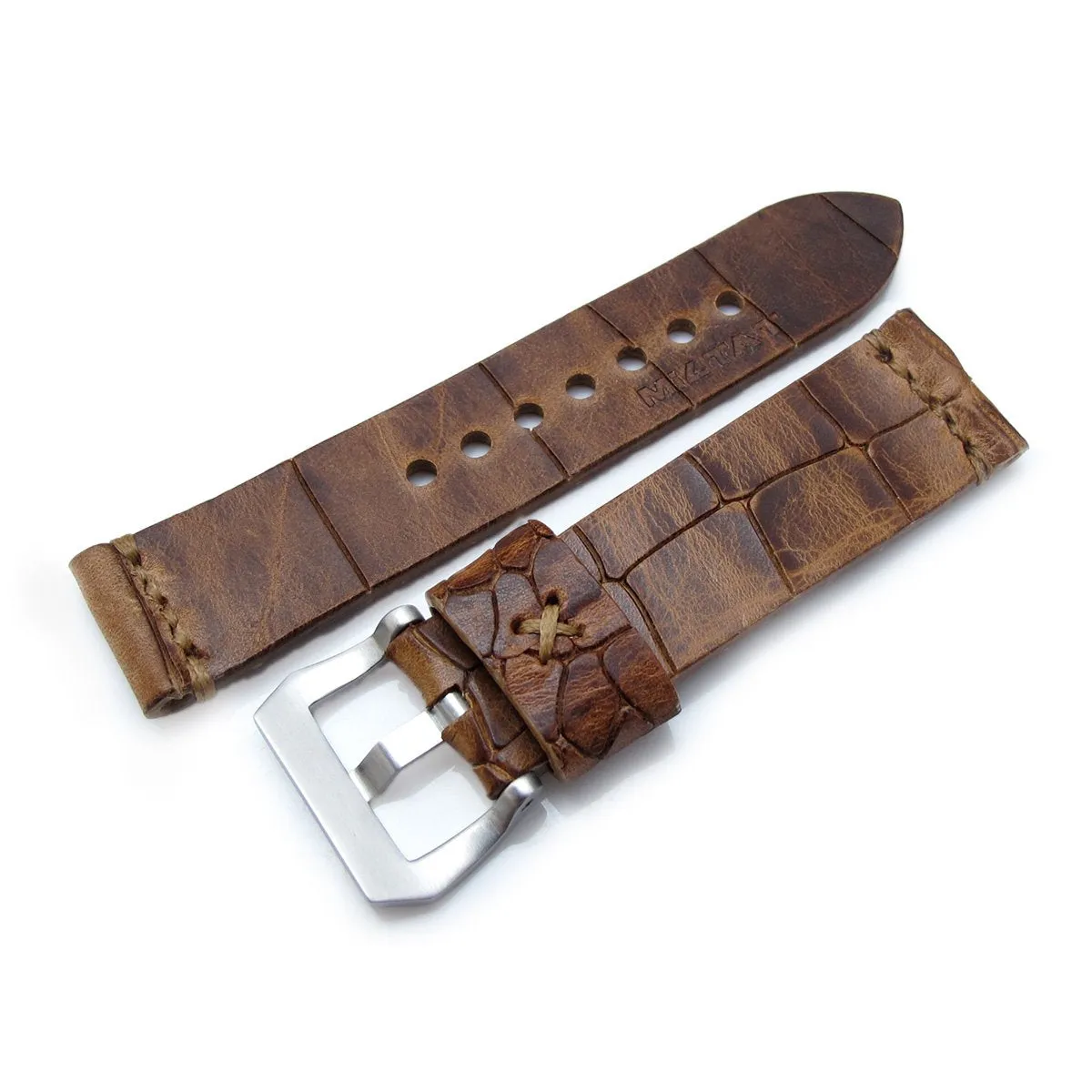 MiLTAT Zizz Collection 24mm Cracked Croco Middle Brown Watch Strap, Brown Stitching