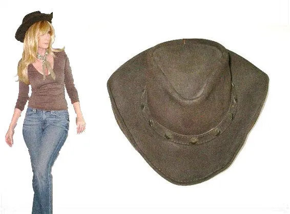 Minnetonka Genuine Distressed Brown Leather Concho Hat Size Small Vintage Boho Cowgirl Cowhide Free Spirited People