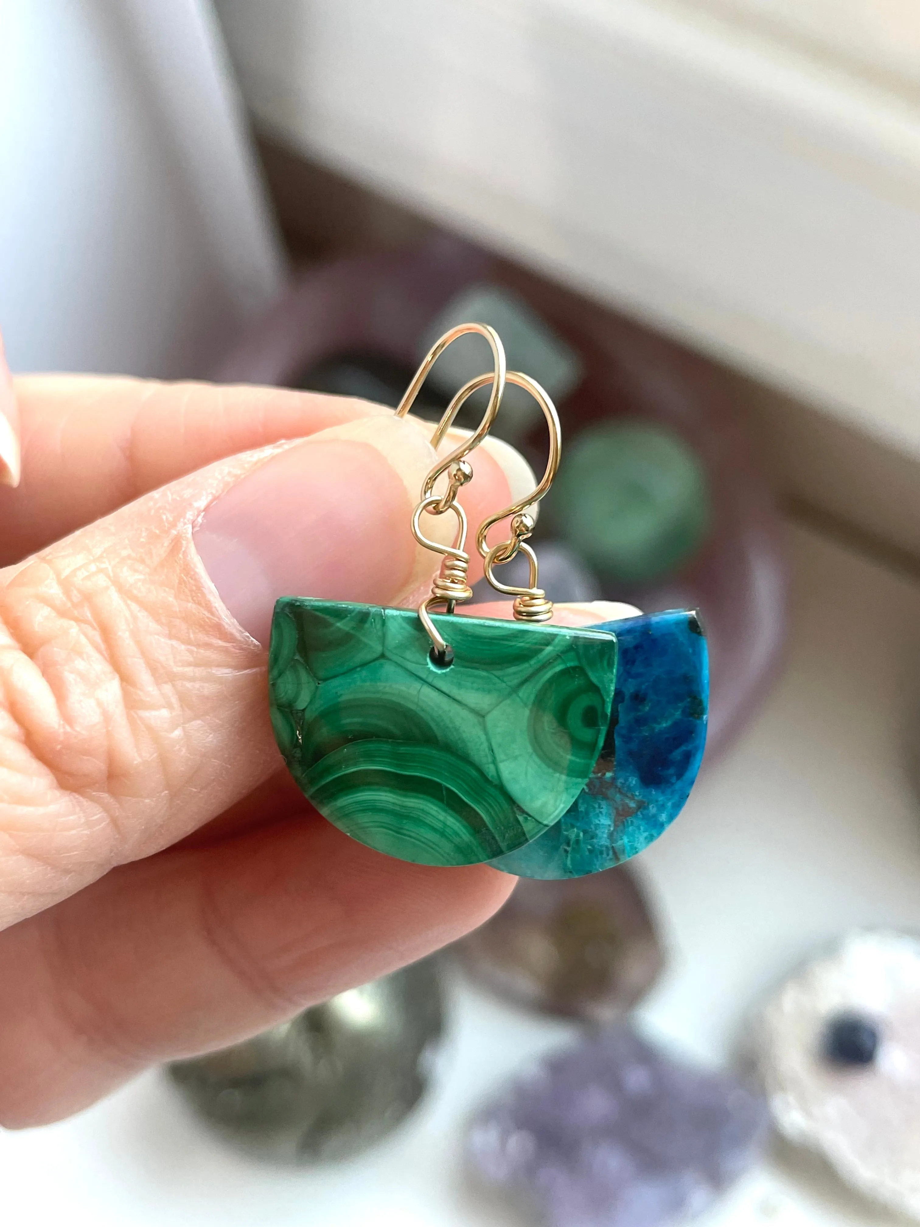 Mismatched earrings malachite and Chrysocolla