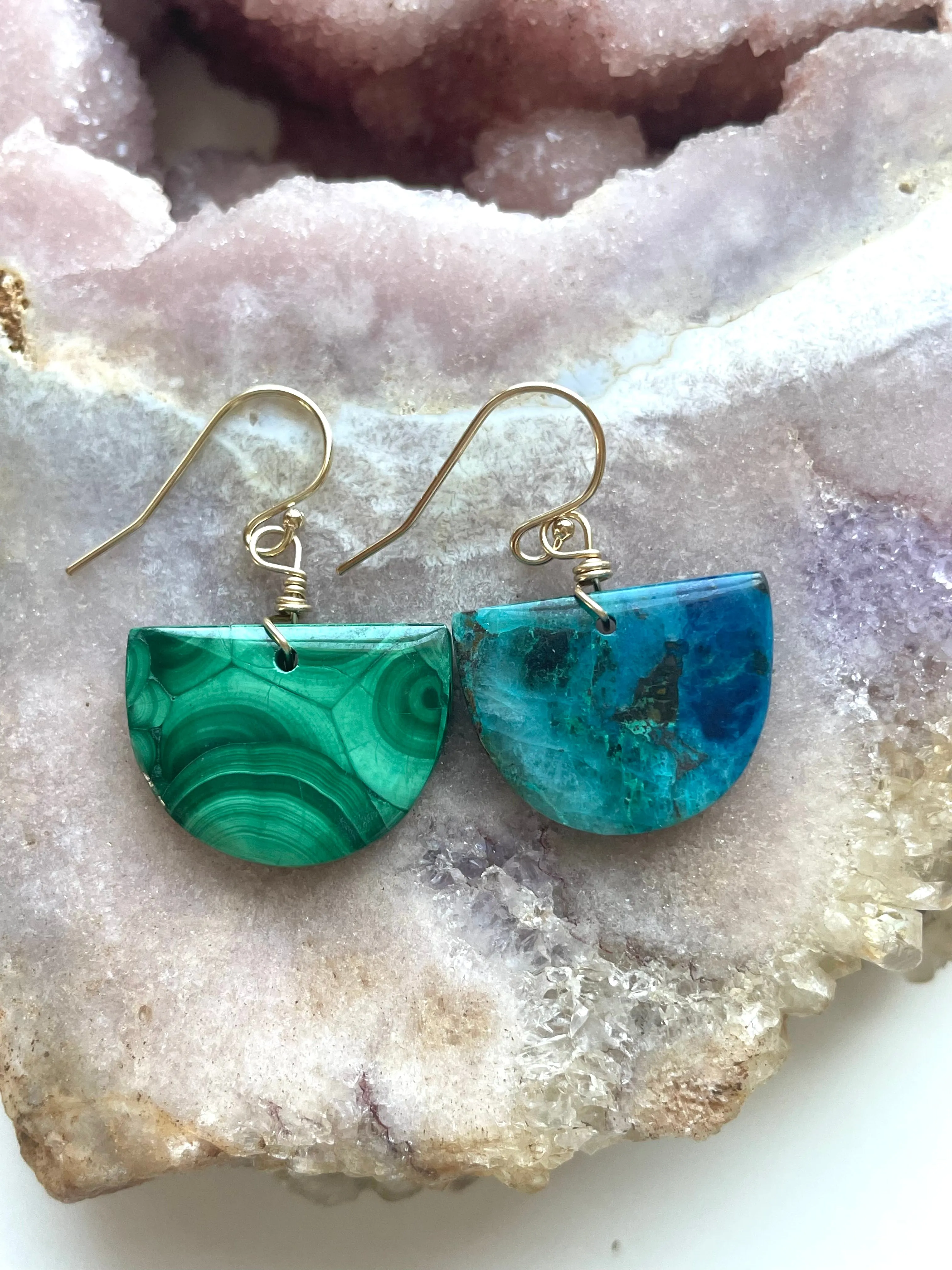 Mismatched earrings malachite and Chrysocolla