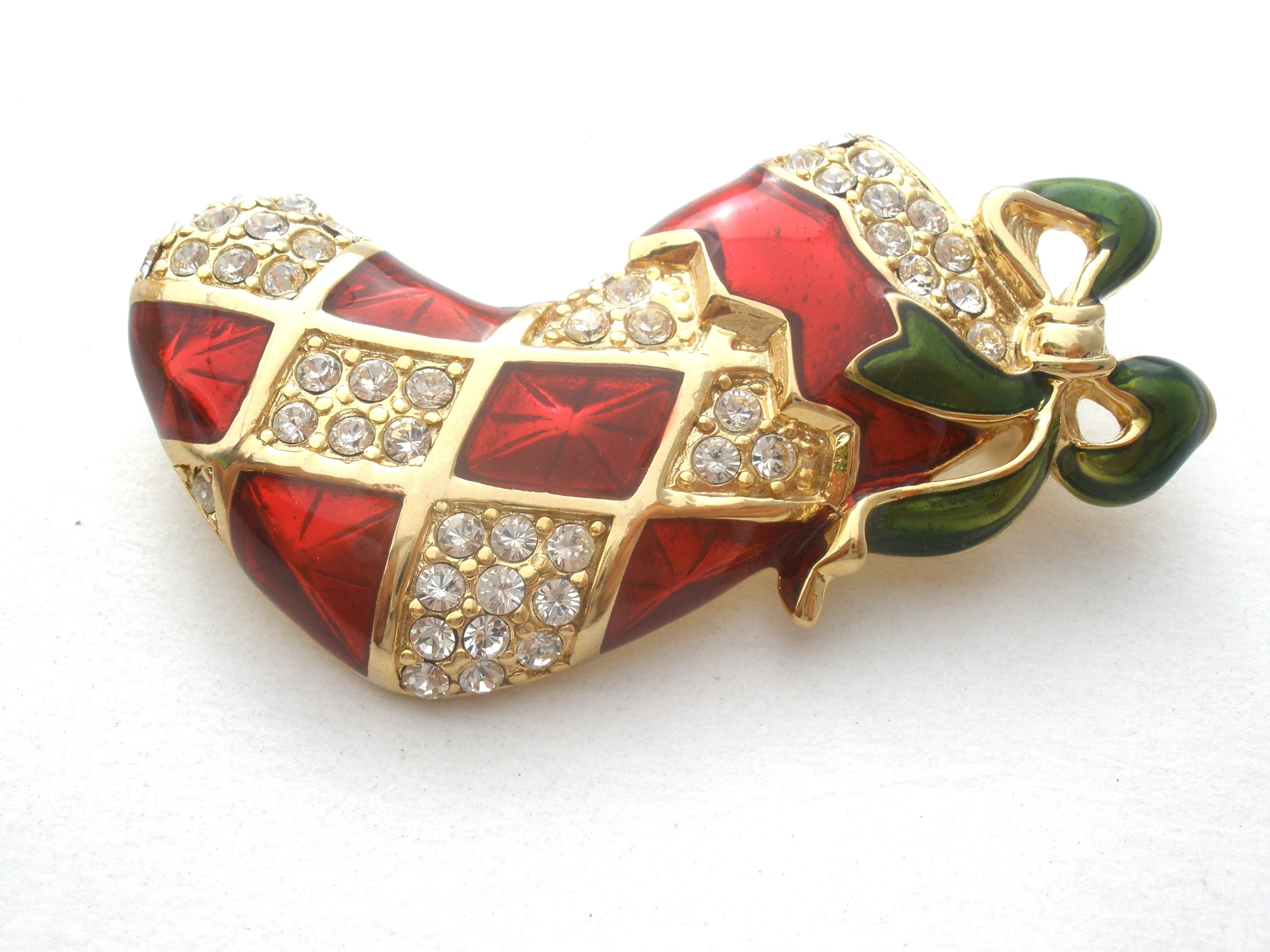 Monet Red Enamel Stocking Brooch Pin Christmas