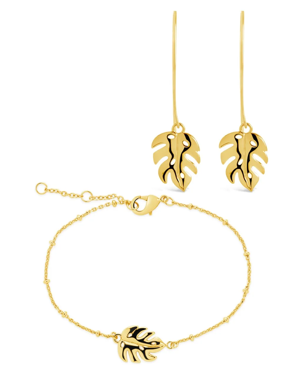 Monstera Leaf Threader Earrings and Chain Bracelet Set