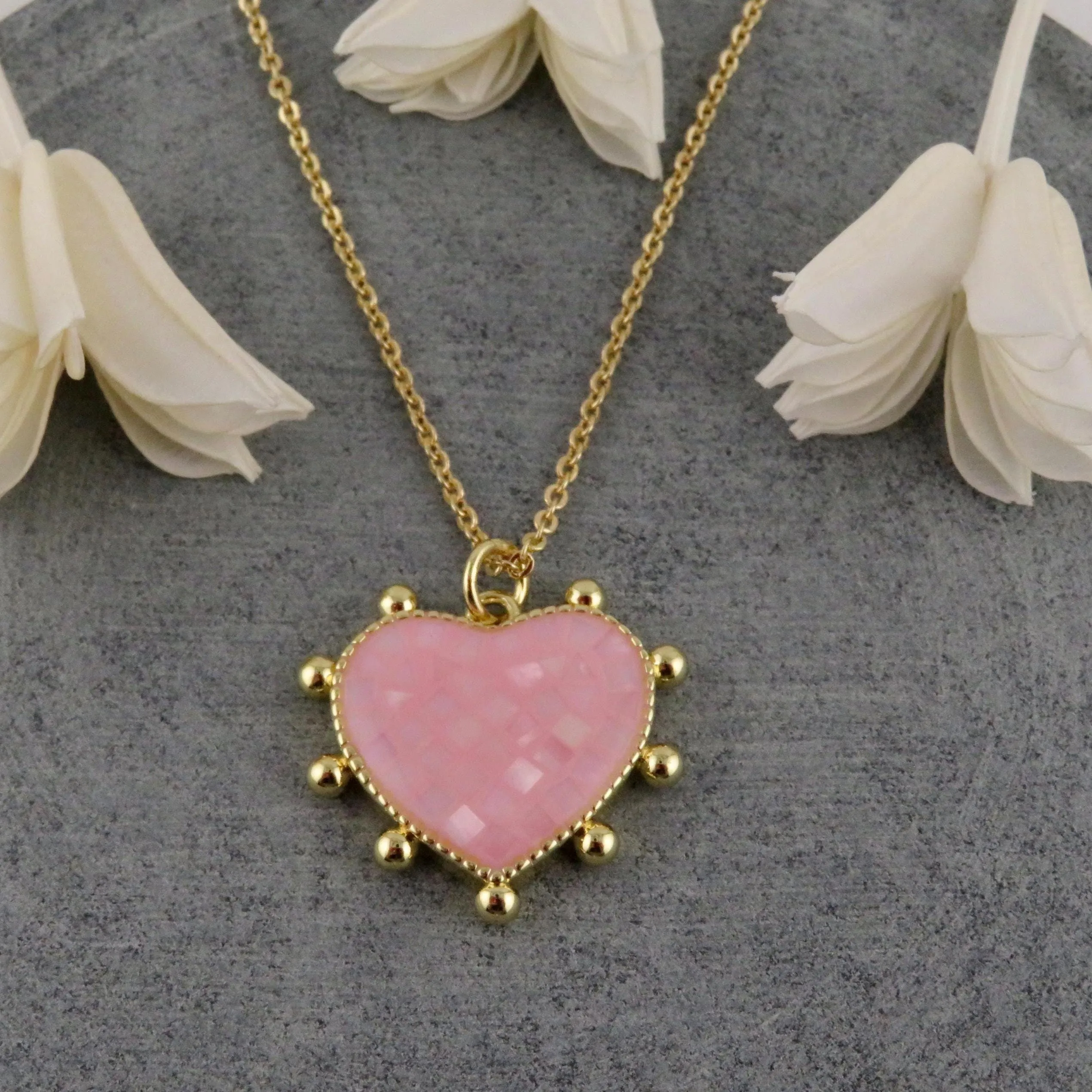 Mosaic Pearl Heart Necklace - Pink