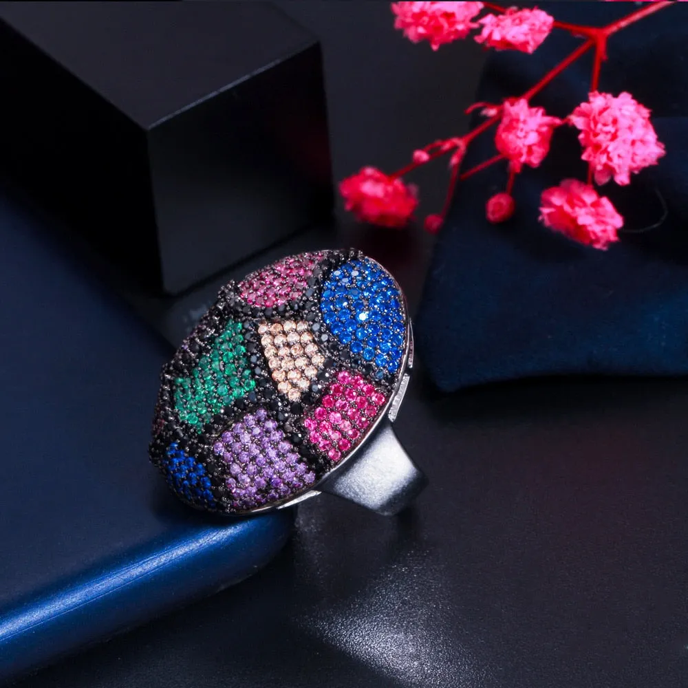 Multi-Color CZ Micro-Pave Rhodium Plated Luxury Cocktail Ring