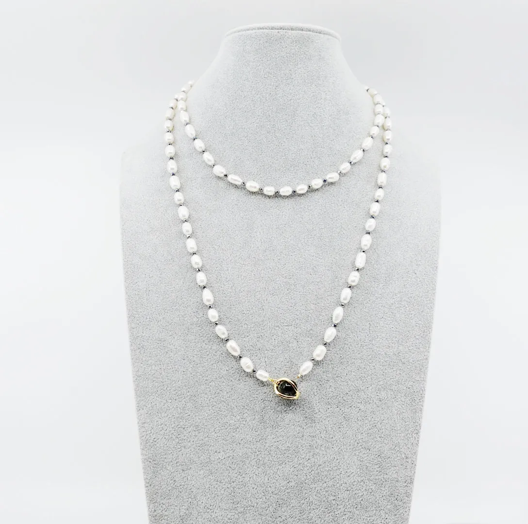 Multi-style Opera Pearl Necklace (Black Terahertz Stone)