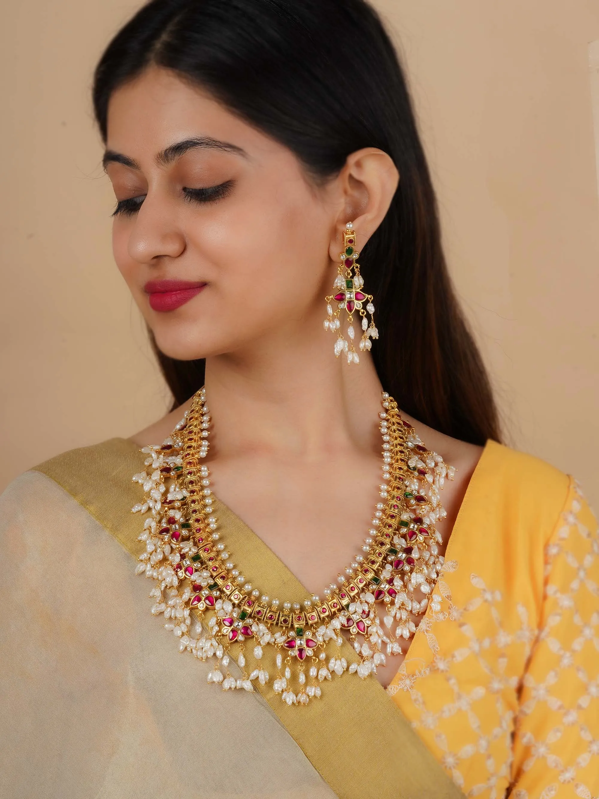 Multicolor Gold Plated Jadau Kundan Necklace Set - MS2181M