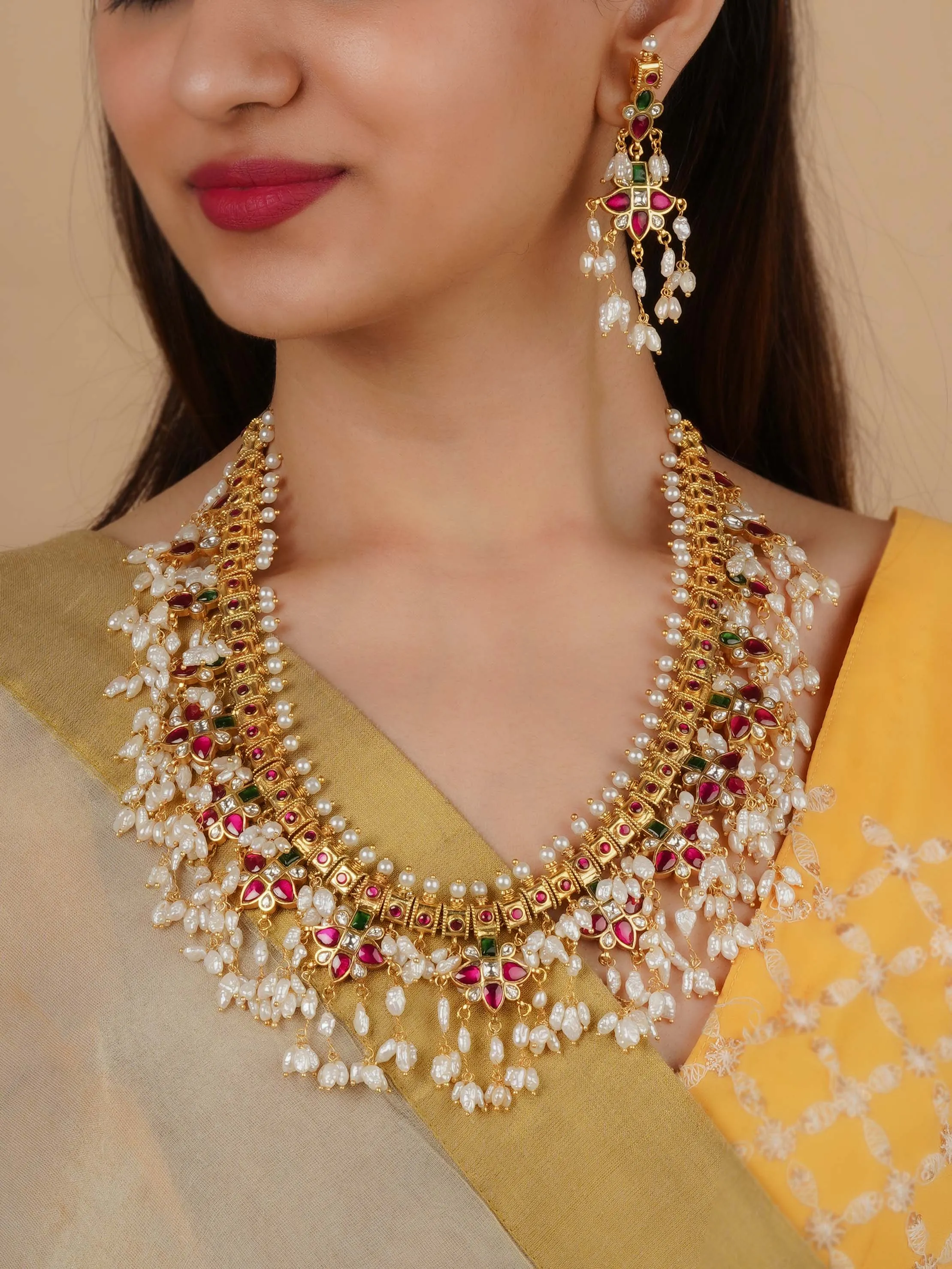 Multicolor Gold Plated Jadau Kundan Necklace Set - MS2181M