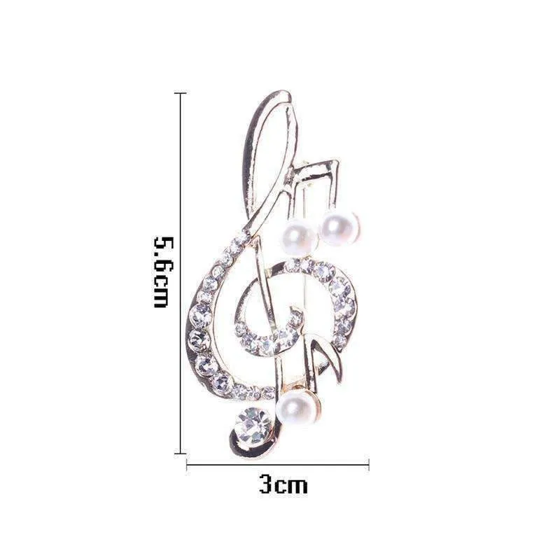 Music Notes Brooch / Pin - Gold with Crystals and Pearls