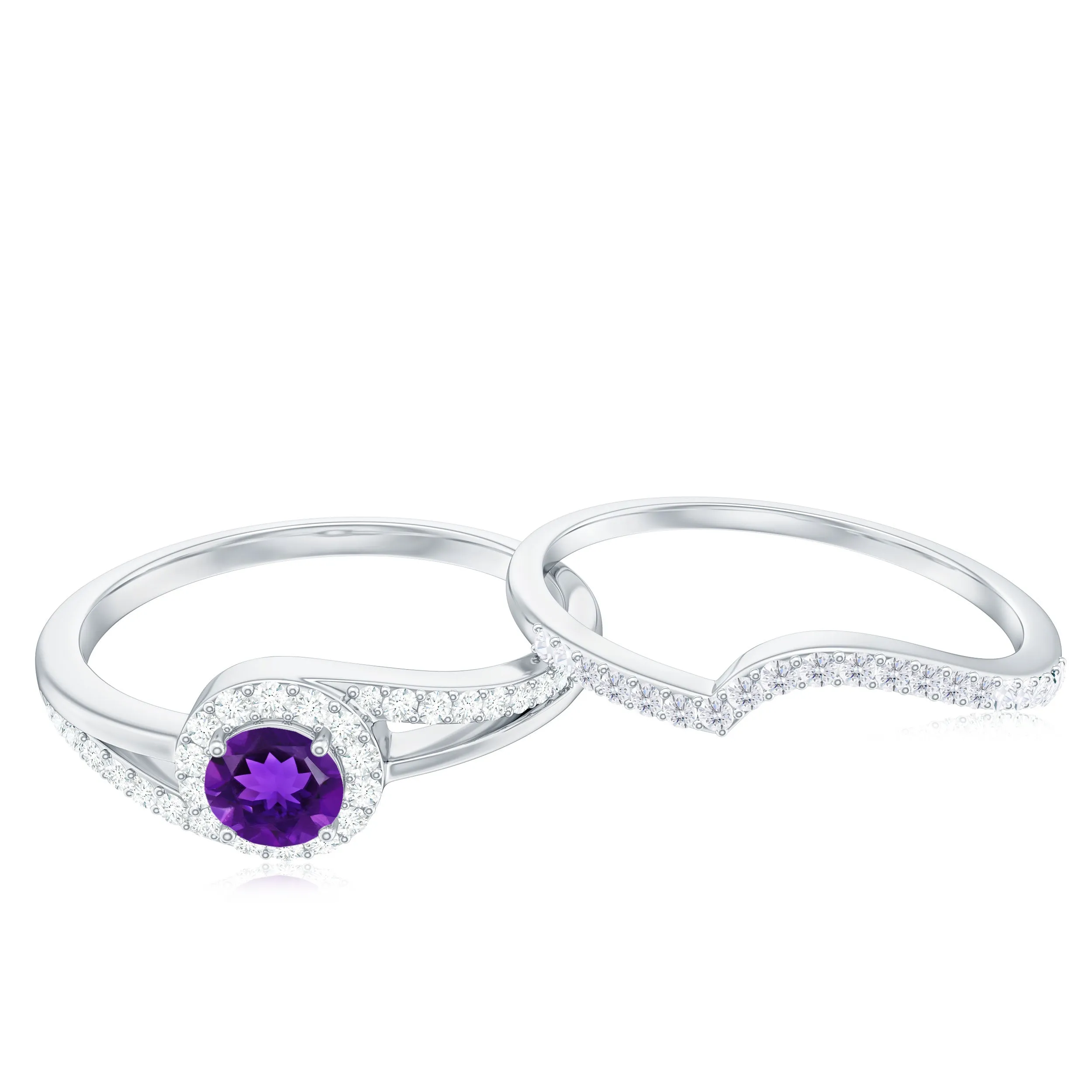 Natural Amethyst and Diamond Minimal Bridal Ring Set