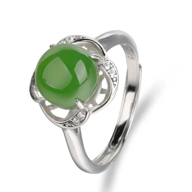 Natural Jade Ring Nephrite Silver Zircon Adjustable Ring ZNRG129