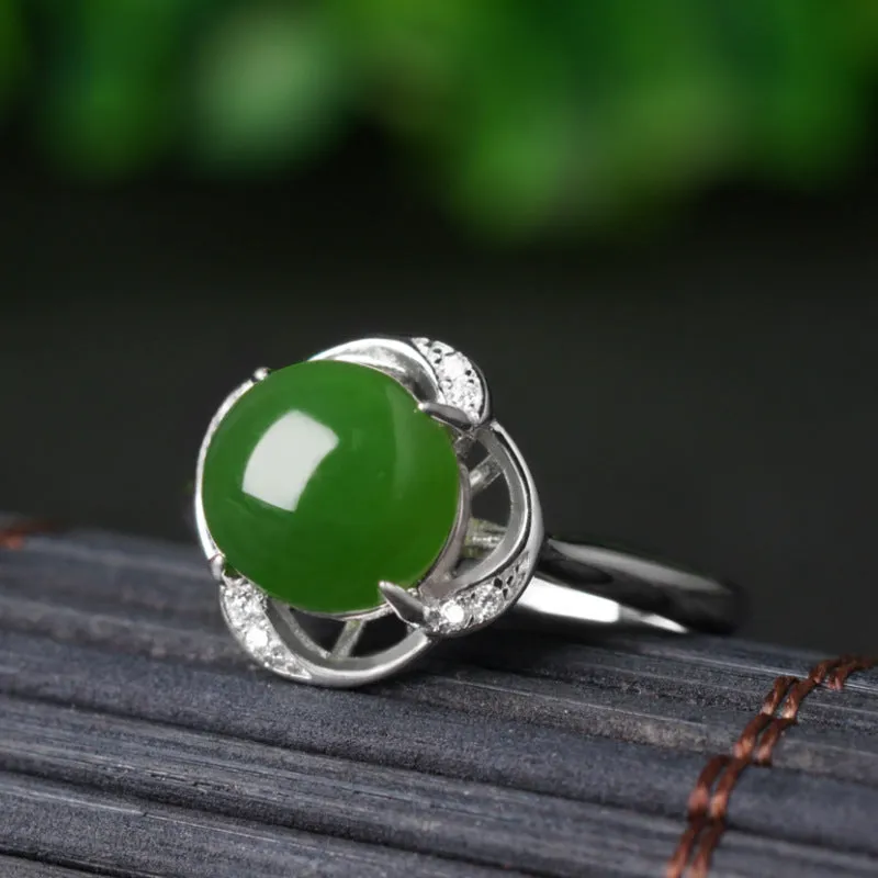 Natural Jade Ring Nephrite Silver Zircon Adjustable Ring ZNRG129