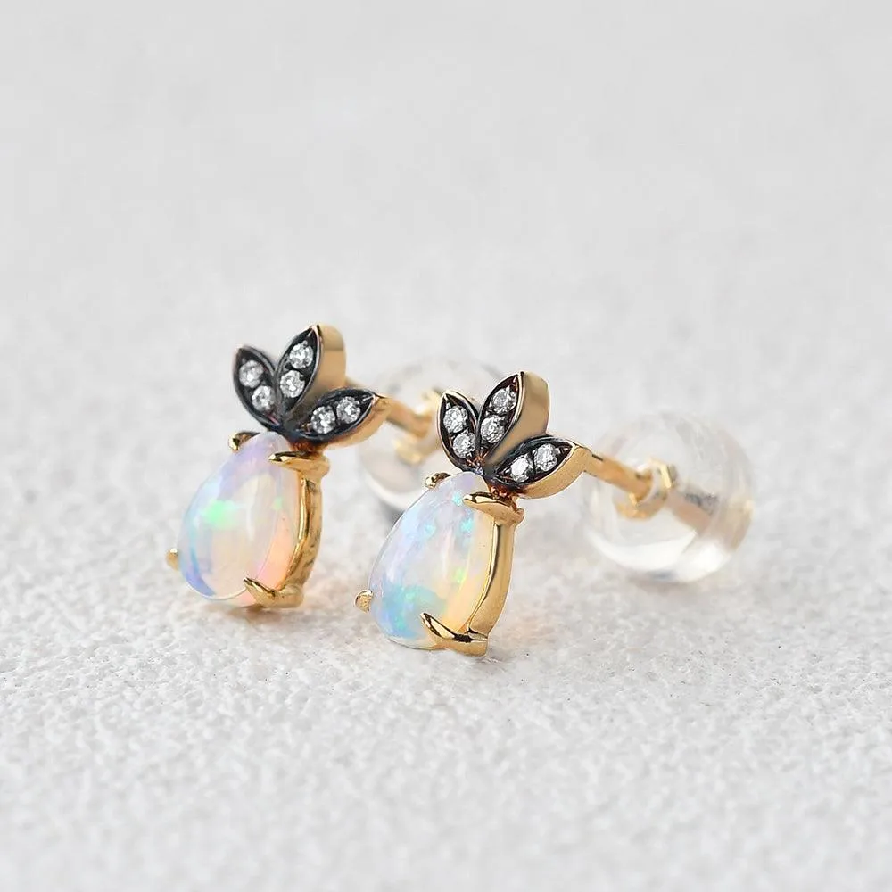 Natural Opal & Full Facet Diamond Inspired Yellow Gold Earrings