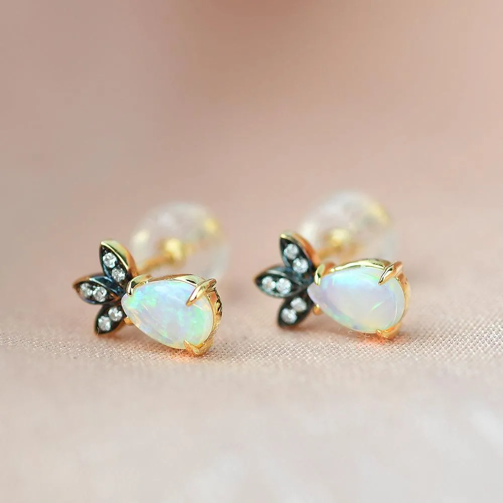 Natural Opal & Full Facet Diamond Inspired Yellow Gold Earrings