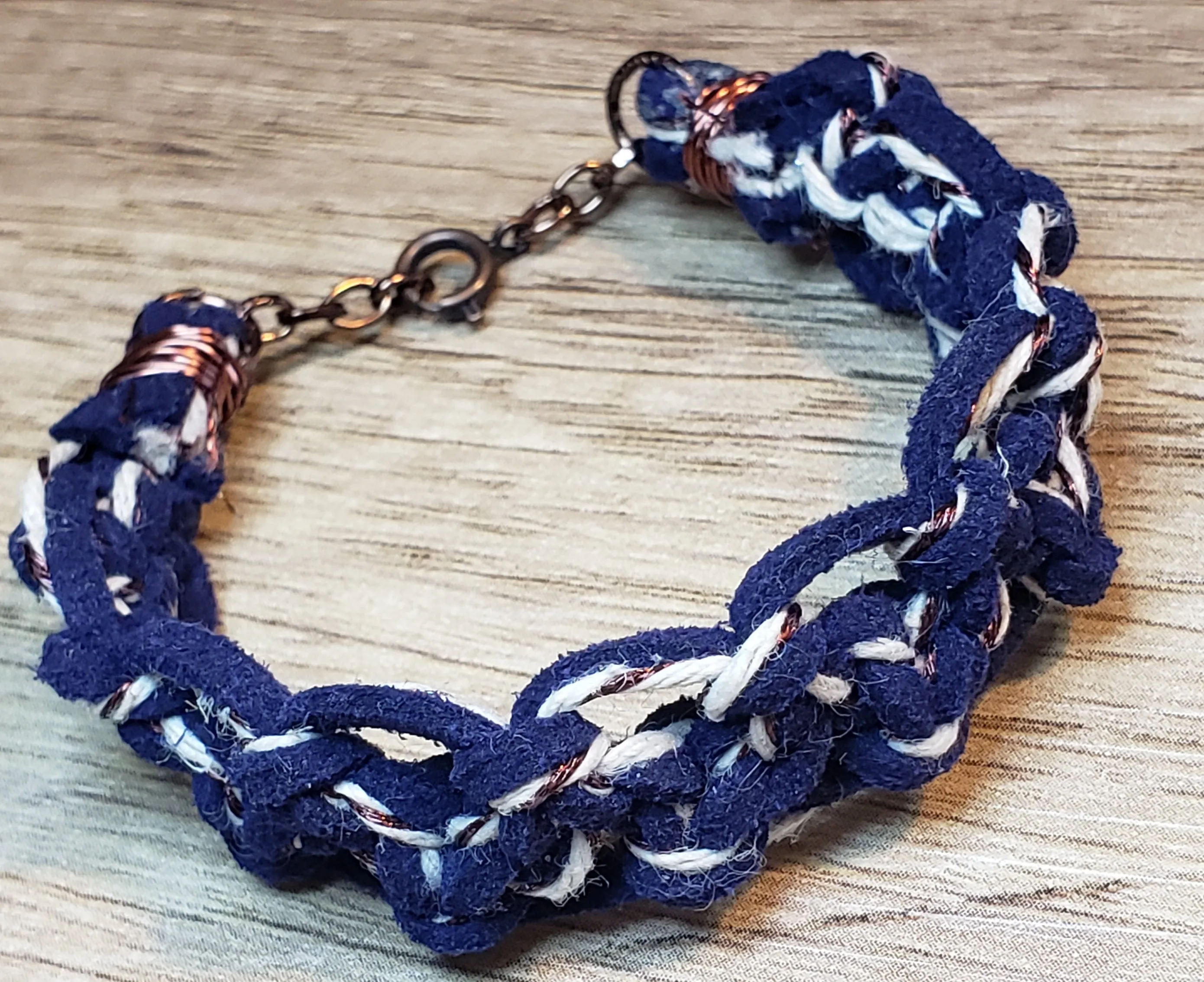 Navy Blue Genuine Leather Bracelet with Natural Hemp & Copper Wire, Adjustable with Spring Ring Clasp.