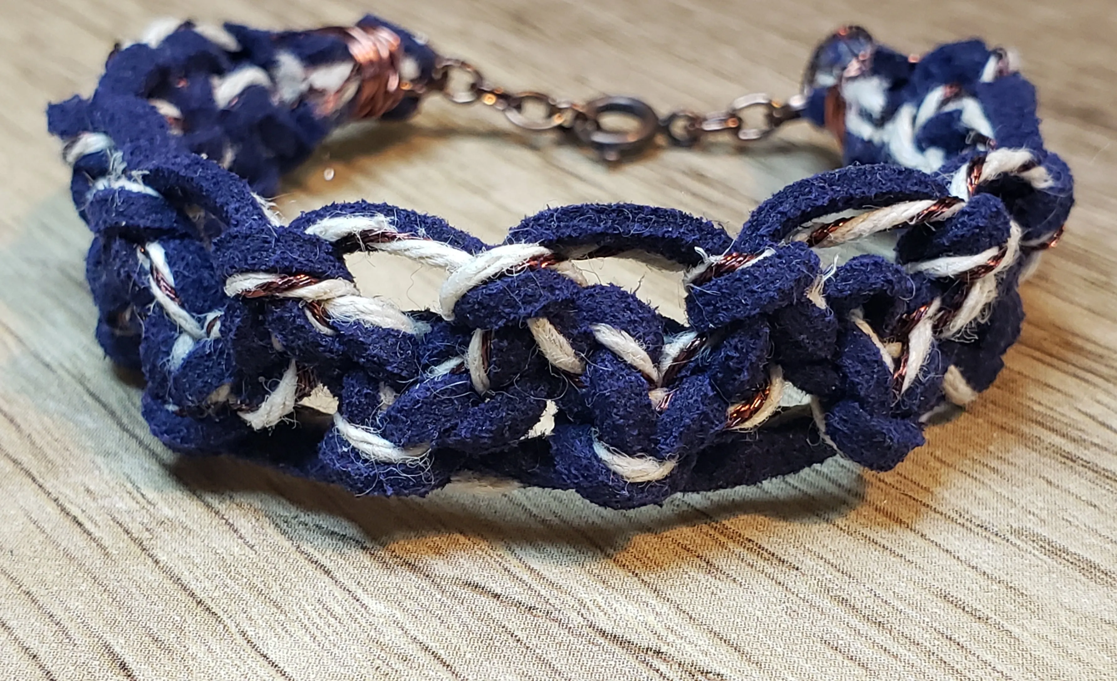 Navy Blue Genuine Leather Bracelet with Natural Hemp & Copper Wire, Adjustable with Spring Ring Clasp.