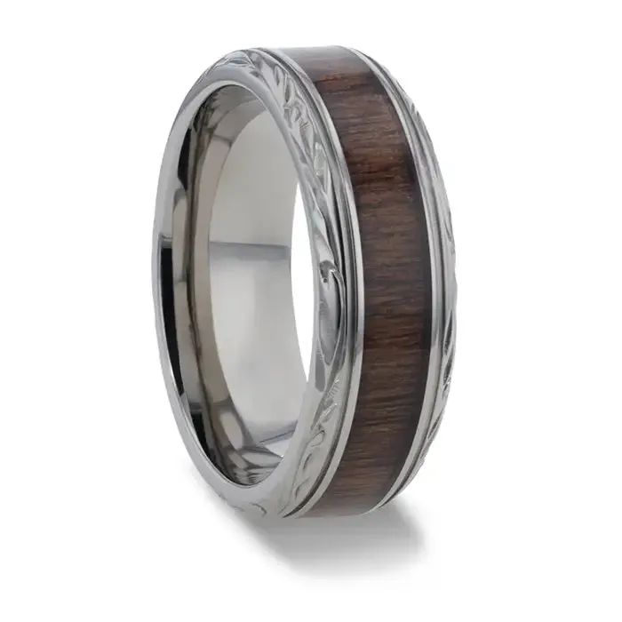 Odrin Rosewood Inlay With Intricate Beveled Edges Titanium Wedding Ring - 8mm