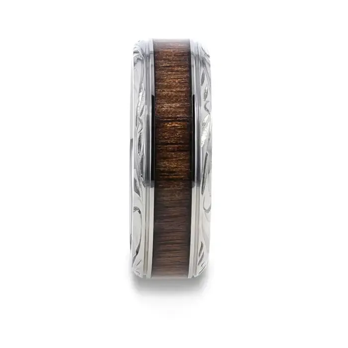 Odrin Rosewood Inlay With Intricate Beveled Edges Titanium Wedding Ring - 8mm